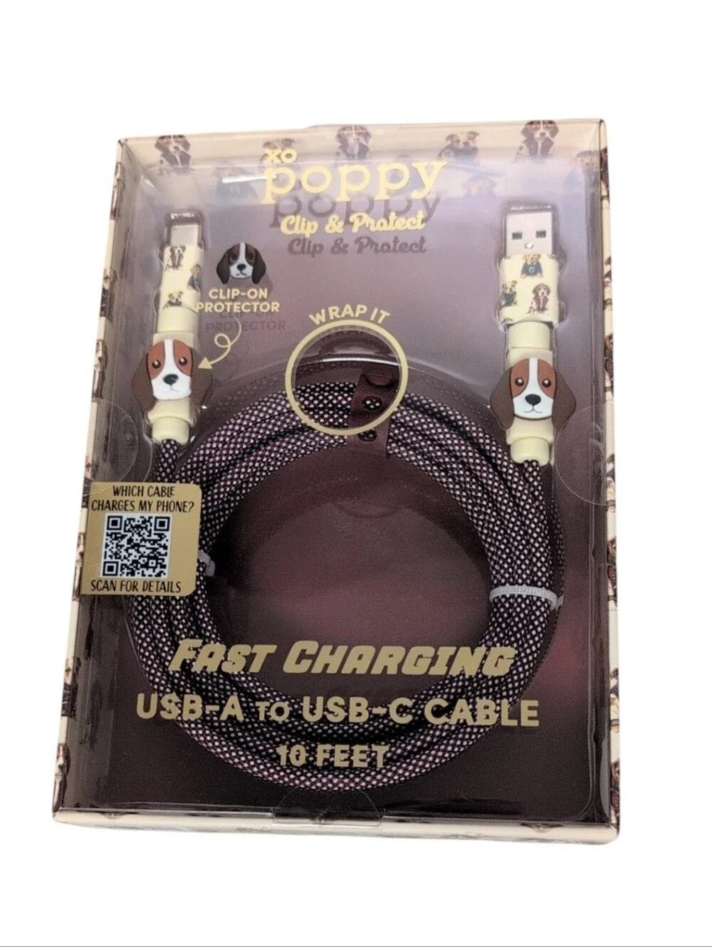 XO Poppy Dog Puppy USB-A to USB-C Charging Cable 10 Feet Clip & Protect